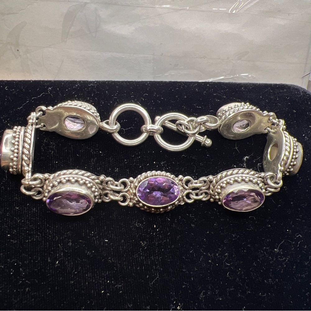 BA Bali Indonesia sterling silver 925 link amethyst toggle bracelet